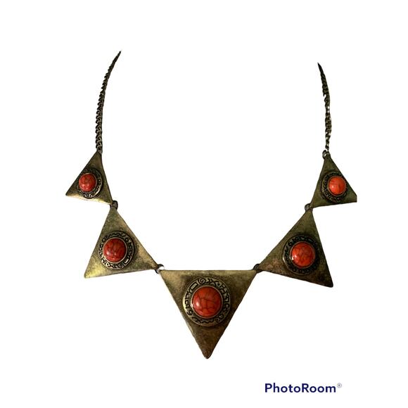 Triangle ORANGE Copper Burnt Gold AZTEC Tribal NECKLACE - Picture 1 of 7